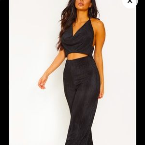Black Pleated Cowl Neck Cut Out Detail Jumpsuit